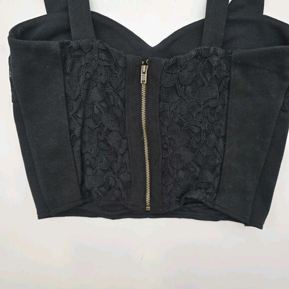By Anthropologie Top Womens XS Black Tank Cropped Zip Back Corset Knit Lace - Picture 8 of 12